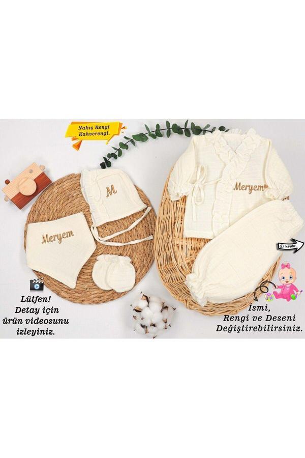 Gros Shop Yeni Doğan Müslin 4'Lü Kimono Bağcıklı Tulum %100 Pamuk Organik (Kişiye Özgü İsimli Nakış Desenli) - Image 1