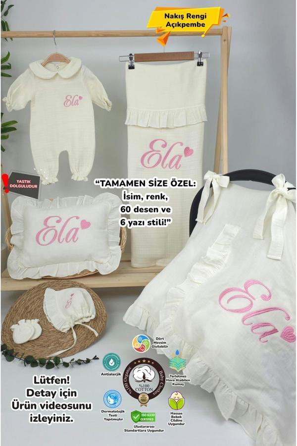 Gros Shop Müslin Yeni Doğan 4Katlı Organik %100Pamuk Kişiye Özgü Nakışlı Hastane Çıkış Seti (Kalpli Model-4) - Image 1