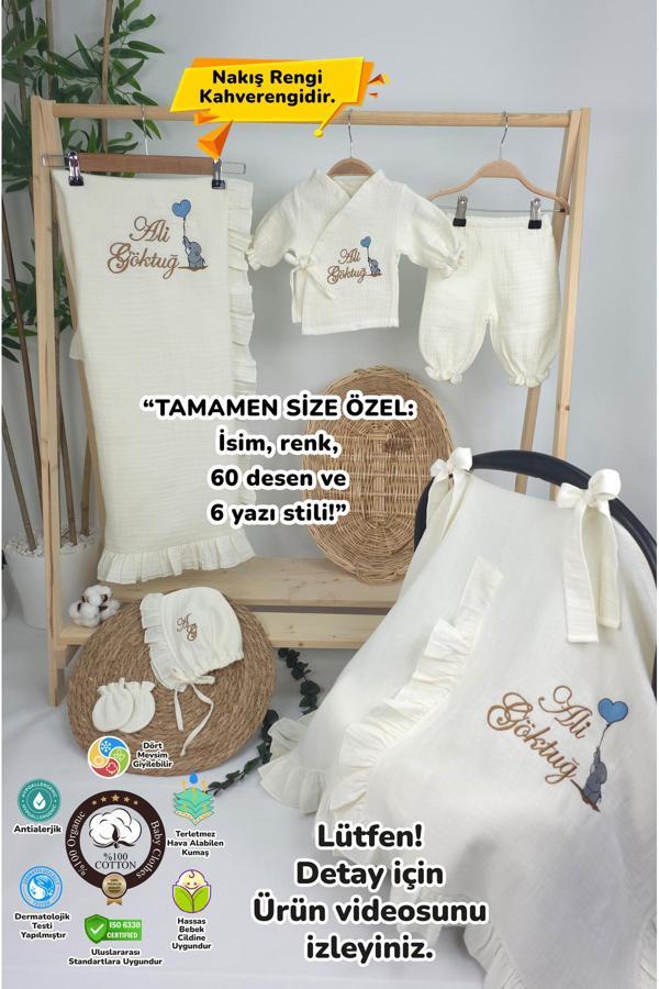 Gros Shop Müslin Yeni Doğan 4Katlı Organik %100Pamuk Kişiye Özgü Nakışlı Hastane Çıkış Seti-Kahverengi-Filli - Image 1