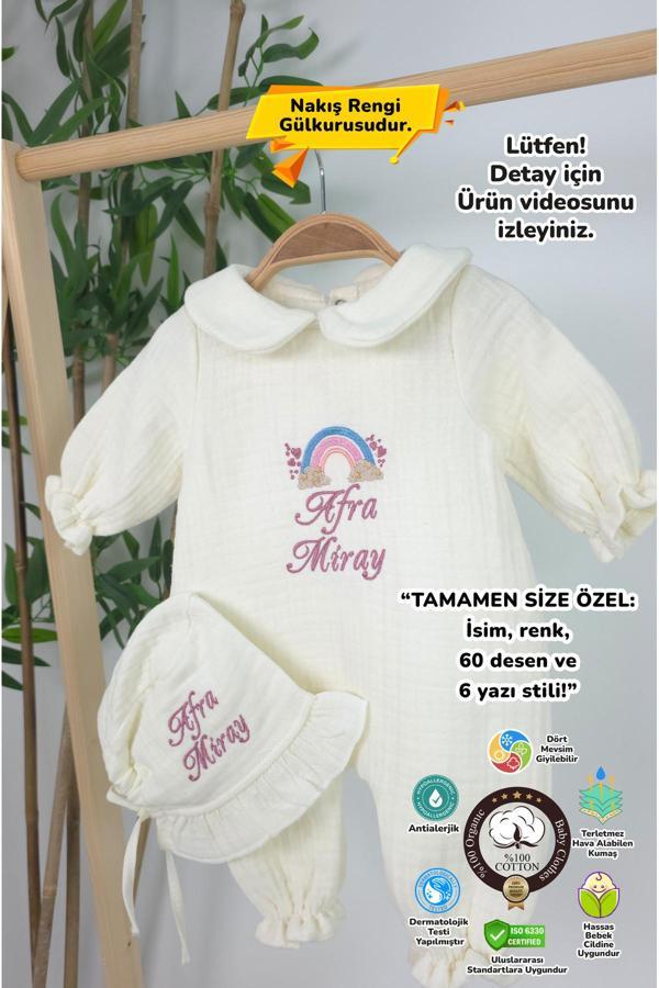 Gros Shop Müslin Yeni Doğan 4 Katlı Organik %100Pamuk Kişiye Özgü Nakışlı Hastane Çıkış Seti-Pudra Gökkuşağı - Image 1