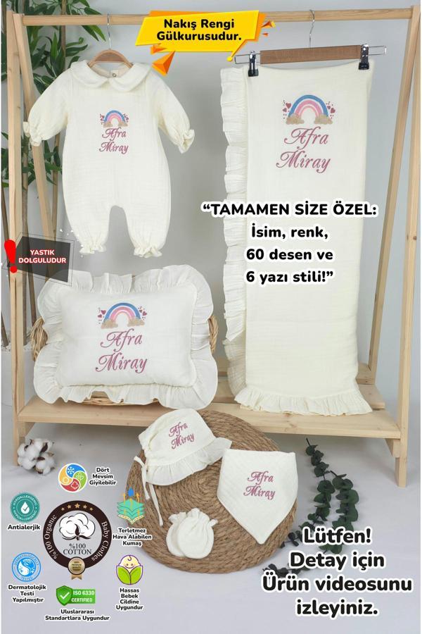 Gros Shop Müslin Yeni Doğan 4 Katlı Organik %100Pamuk Kişiye Özgü Nakışlı Hastane Çıkış Seti-Pudra Gökkuşağı - Image 1