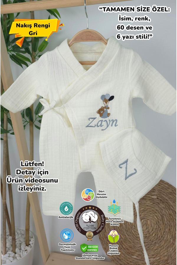 Gros Shop Müslin Yeni Doğan 4Katlı Organik %100Pamuk Kişiye Özgü Nakışlı Hastane Çıkış Seti (Balonlu Ayıcık-2) - Image 1