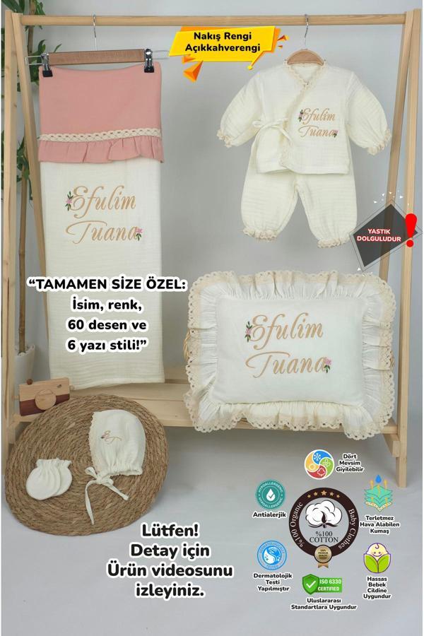 Gros Shop Müslin Yeni Doğan 4Katlı Organik %100Pamuk Kişiye Özgü Nakışlı Hastane Çıkış Seti (Papatya Model-6) - Image 1