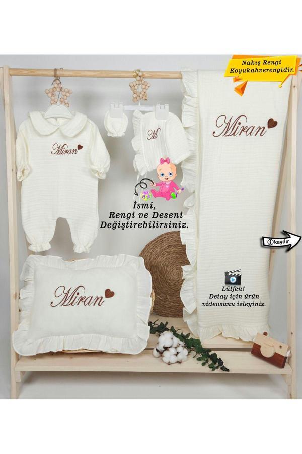 Gros Shop Yeni Doğan %100 Pamuk Müslin Hastane Çıkış Mevlüt Seti-Takı Yastık(Kişiye Özgü İsimli Nakış Desenli) - Image 1