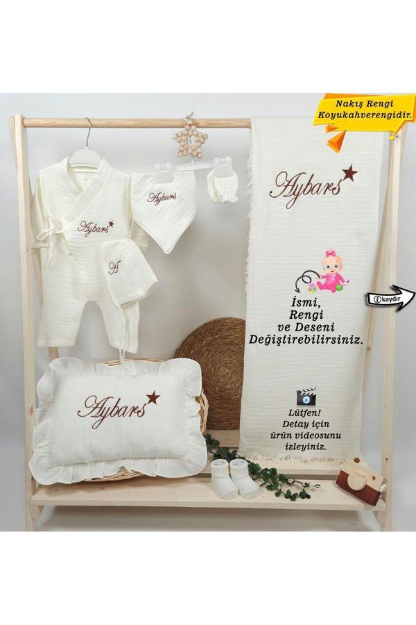 Gros Shop 4Katlı Müslin Kumaş 7'Li Bağcıklı Tulum %100Pamuk Hastane Çıkışı (Kişiye Özgü İsimli Nakış Desenli) - Image 1