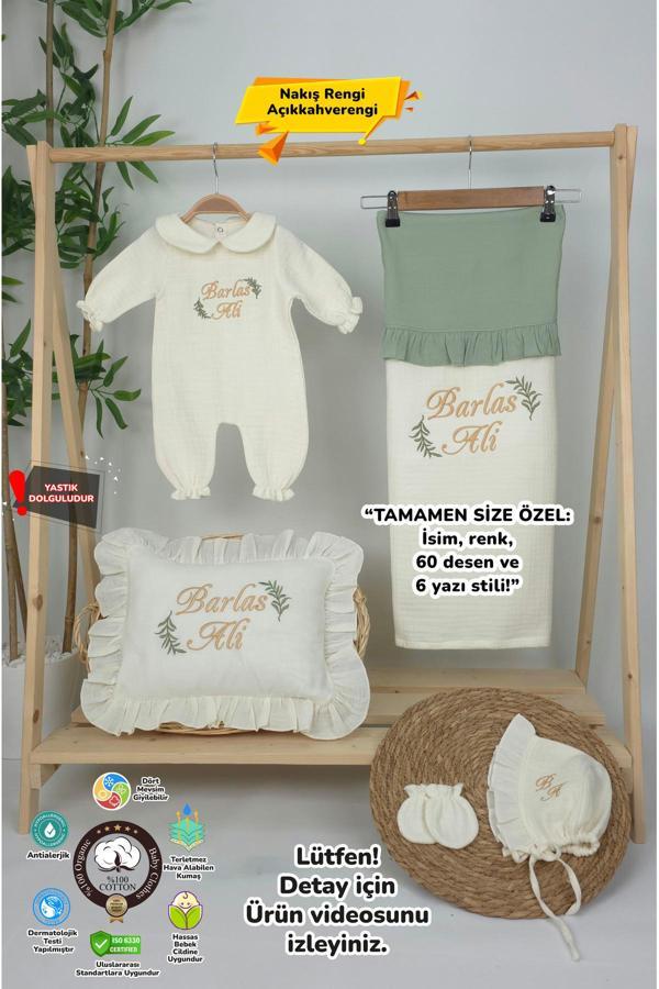 Gros Shop Müslin Yeni Doğan 4Katlı Organik %100Pamuk Kişiye Özgü Nakışlı Hastane Çıkış Seti (İki Dal Model-1) - Image 1