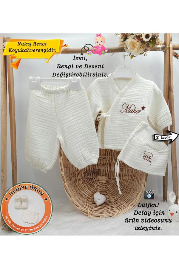 Gros Shop Yeni Doğan Müslin 3'Li Kimono Bağcıklı Tulum %100 Pamuk Organik (Kişiye Özgü İsimli Nakış Desenli) - Image 1