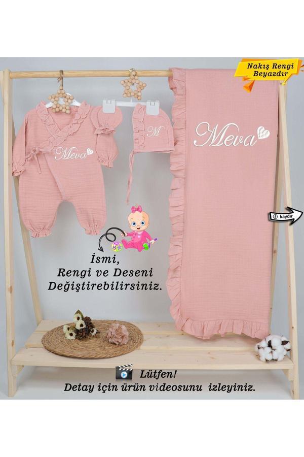 Gros Shop 4Katlı Müslin 3'Lü Kimono Bağcıklı Tulum %100Pamuk Hastane Çıkışı(Kişiye Özgü İsimli Nakış Desenli) - Image 1