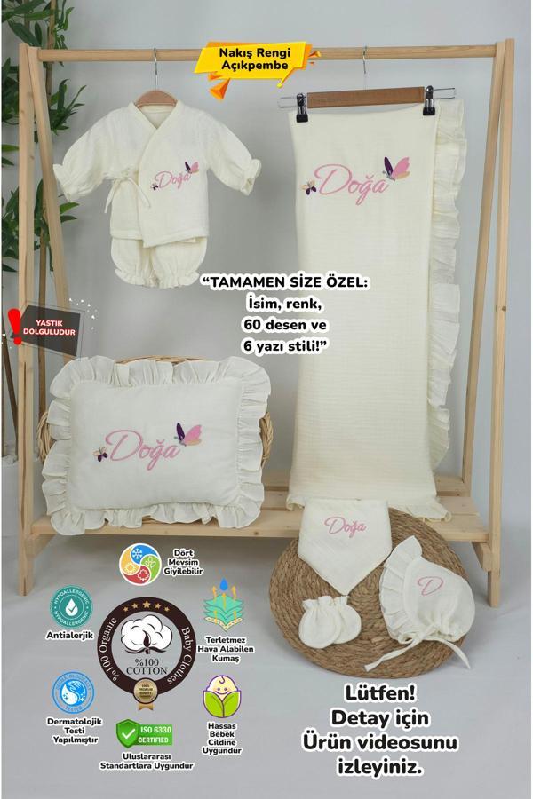 Gros Shop Müslin Yeni Doğan 4Katlı Organik %100Pamuk Kişiye Özgü Nakışlı Hastane Çıkış Seti (Kelebek Model-1) - Image 1