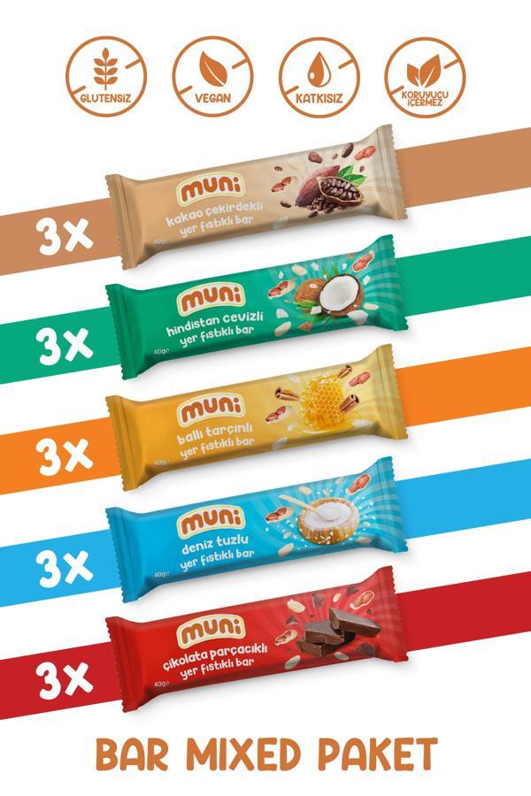 Muni Proteinli Vegan Yer Fıstığı Bar Sağlıklı Atıştırmalık Paketi 40 Gr*15 Adet - Image 1