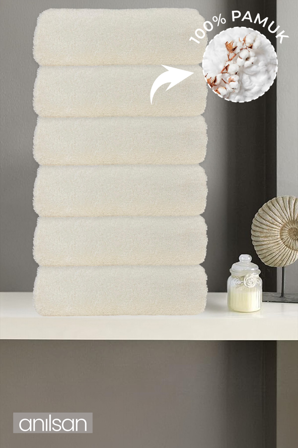 6'lı Ekru El Havlusu - 50x90 Cm, 225 Gr, %100 Pamuk, Spa Ve Otel Havlusu, Günlük Kullanıma Uygun - Image 1