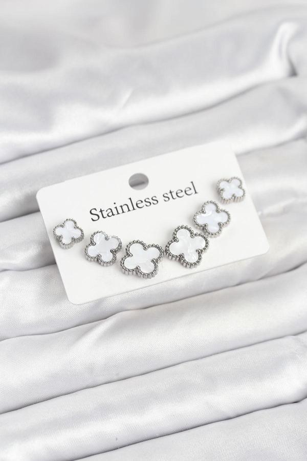 Gümüş Beyaz Renk 3 Boy Yonca Küpe Seti - EBJ250920W37910 - Image 1