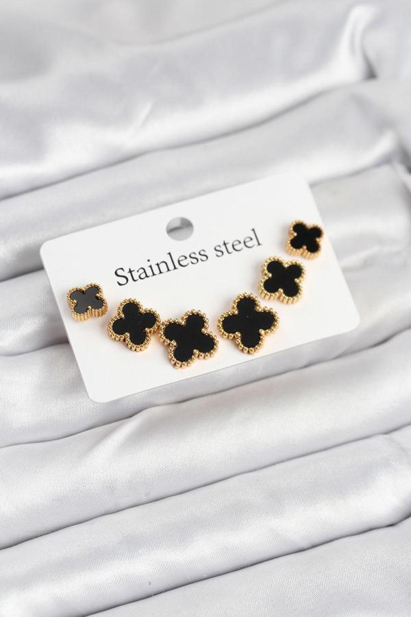 Gold Siyah Renk 3 Boy Yonca Küpe Seti - EBJ250920W37909 - Image 1