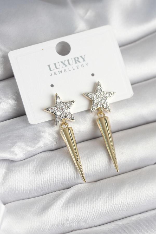 Pirinç Gold Renk Zirkon Taşlı Yıldız Model Çivi Kadın Küpe - EBJ250927W37990 - Image 1