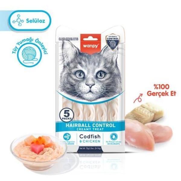 Wanpy Hairball Control Morina balığı&Tavuk F.Krema Kedi Ödül Maması 5x14gr 4 ADET. - Image 1