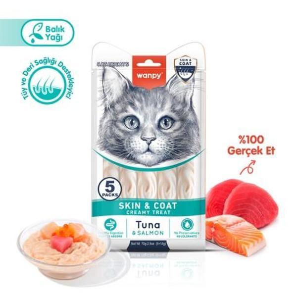 Wanpy Skin&Coat Ton Balığı&Somon F.Krema Kedi Ödül Maması 5x14gr 6 Paket - Image 1