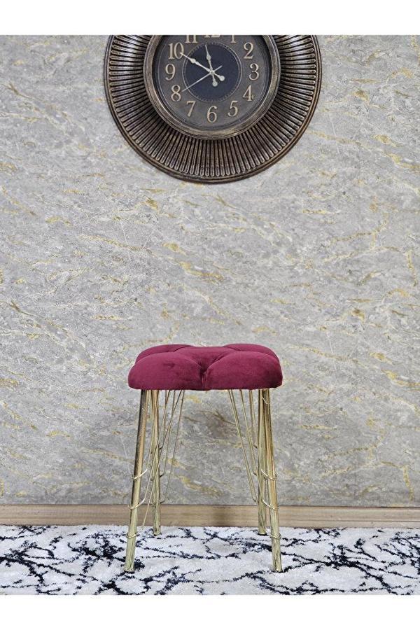 Kare Gold Kaplama Telli Ayaklı Tabure - Oturak - Bar Taburesi - Ayaklı Tabure Bordo Renk 48 x 33 Boyut/Ebat - Image 1