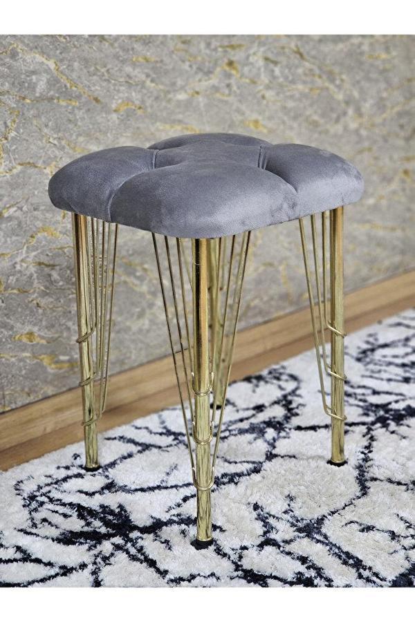 Kare Gold Kaplama Telli Ayaklı Tabure - Oturak - Bar Taburesi - Ayaklı Tabure Gri Renk 48 x 33 Boyut/Ebat - Image 1