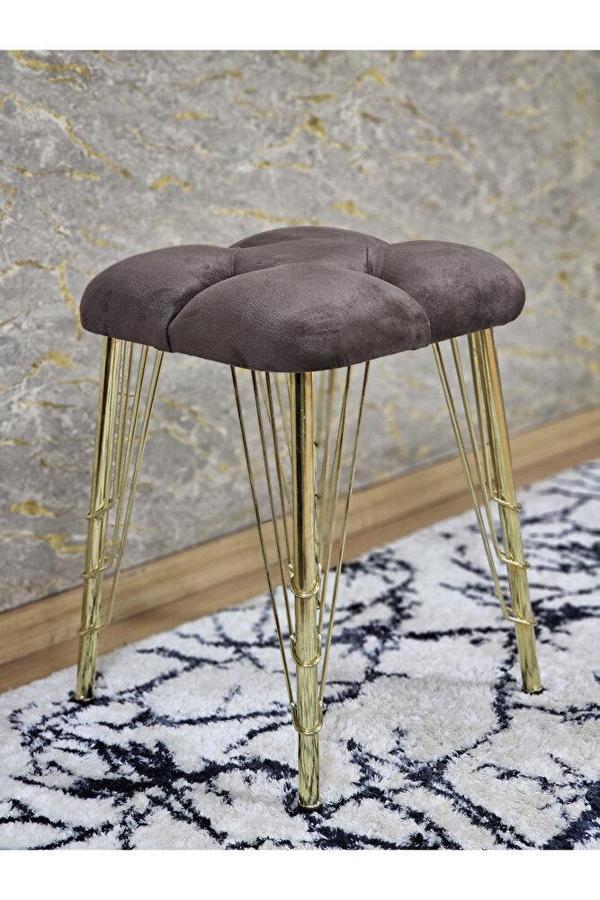 Kare Gold Kaplama Telli Ayaklı Tabure - Oturak - Bar Taburesi - Ayaklı Tabure Kahverengi Renk 48 x 33 Boyut/Ebat - Image 1