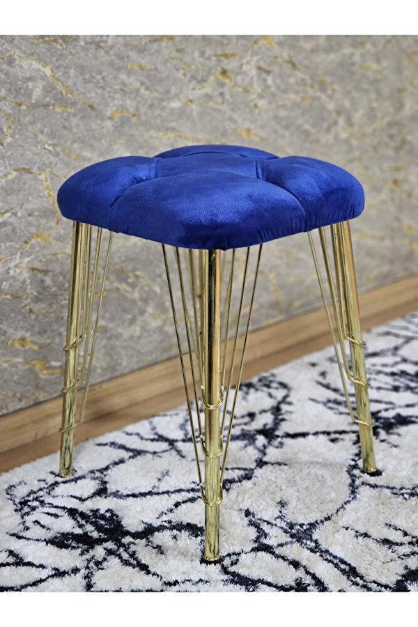 Kare Gold Kaplama Telli Ayaklı Tabure - Oturak - Bar Taburesi - Ayaklı Tabure Mavi Renk 48 x 33 Boyut/Ebat - Image 1