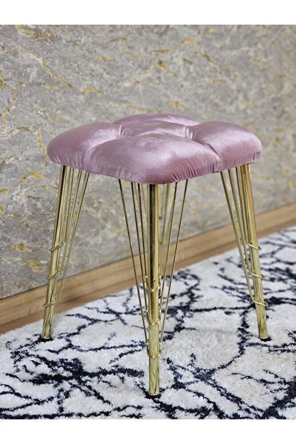 Kare Gold Kaplama Telli Ayaklı Tabure - Oturak - Bar Taburesi - Ayaklı Tabure Pembe Renk 48 x 33 Boyut/Ebat - Image 1