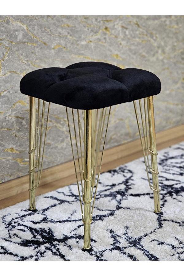 Kare Gold Kaplama Telli Ayaklı Tabure - Oturak - Bar Taburesi - Ayaklı Tabure Siyah Renk 48 x 33 Boyut/Ebat - Image 1