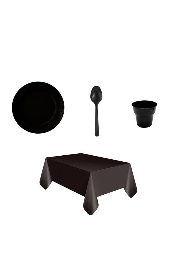 Ambalaj Evi Siyah Plastik Tabak Plastik Bardak Plastik Kaşık Masa Örtüsü Seti 76 Parça Sofra Seti - Image 1