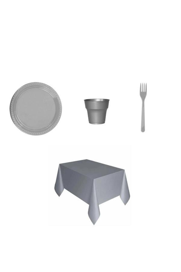 Ambalaj Evi Plastik Tabak Bardak Çatal Masa Örtüsü Seti Gri 76 Parça Sofra Seti Plastik Parti Seti - Image 1