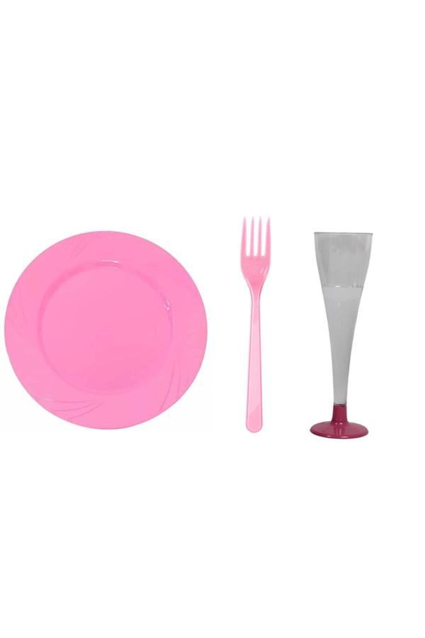 Ambalaj Evi Pembe Mika Tabak Şampanya Kadeh Çatal Seti 18 Parça Sofra Seti Mika Set - Image 1