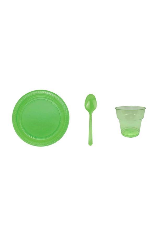 Ambalaj Evi Yeşil Plastik Tabak Plastik Bardak Plastik Kaşık Seti 75 Parça Sofra Seti Parti Seti - Image 1