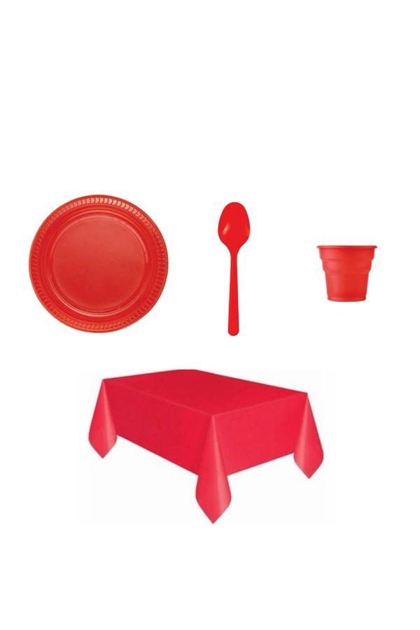 Ambalaj Evi Kırmızı Plastik Tabak Plastik Bardak Plastik Kaşık Masa Örtüsü Seti 76 Parça Sofra Seti - Image 1
