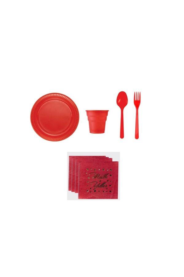 Ambalaj Evi Yılbaşı Sofra Seti Mutlu Yıllar Parti Seti Kırmızı Yılbaşı Sofra Seti 116 Parça Set - Image 1