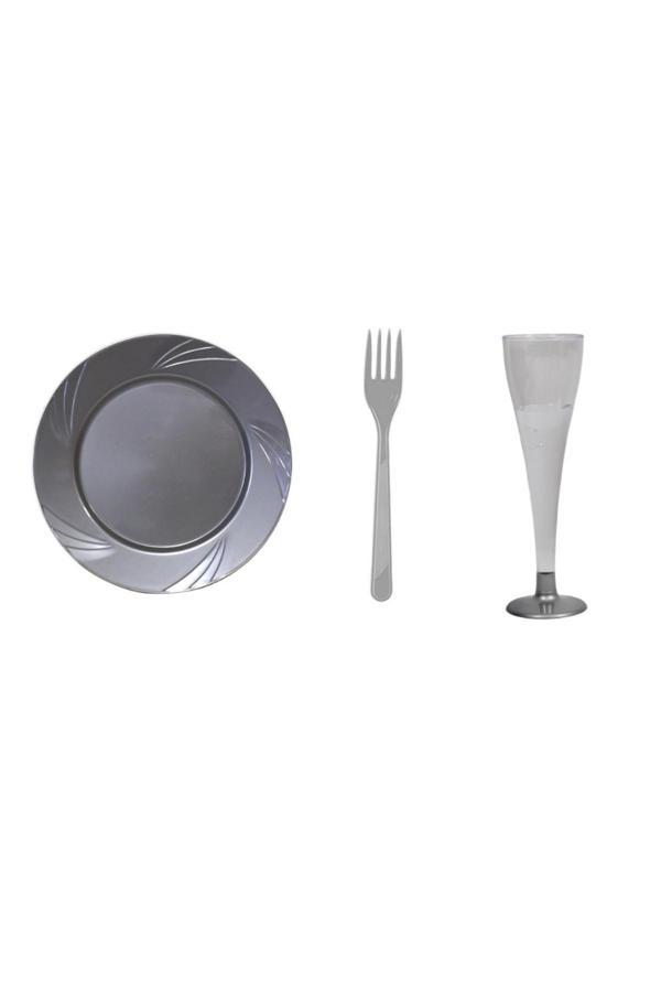 Ambalaj Evi Gümüş-Gri Mika Tabak Şampanya Kadeh Çatal Seti 18 Parça Sofra Seti Mika Set - Image 1
