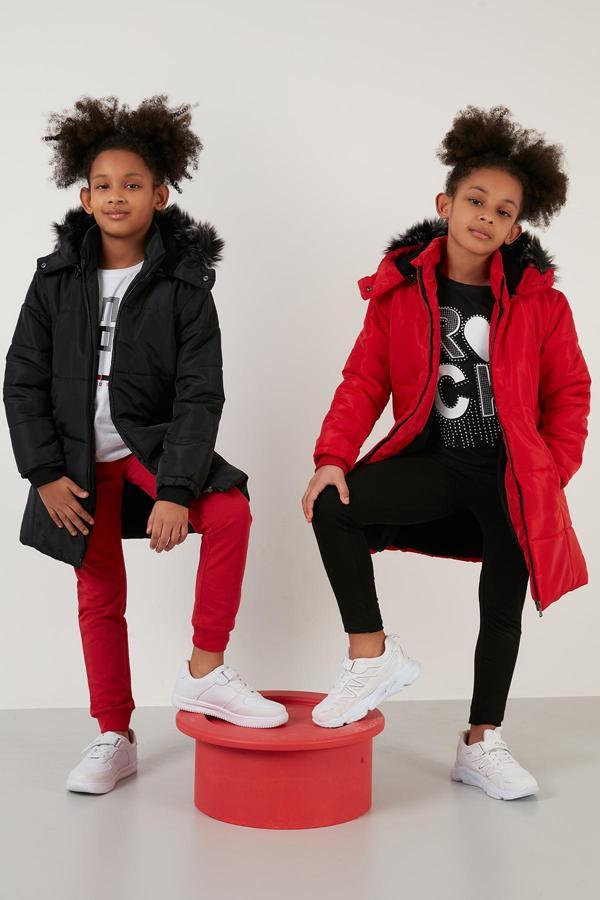 Lela Yakası Suni Kürklü İçi Peluş Astarlı Çıkarılabilir Kapüşonlu Kız Çocuk Mont 5760043 KIRMIZI - Image 1
