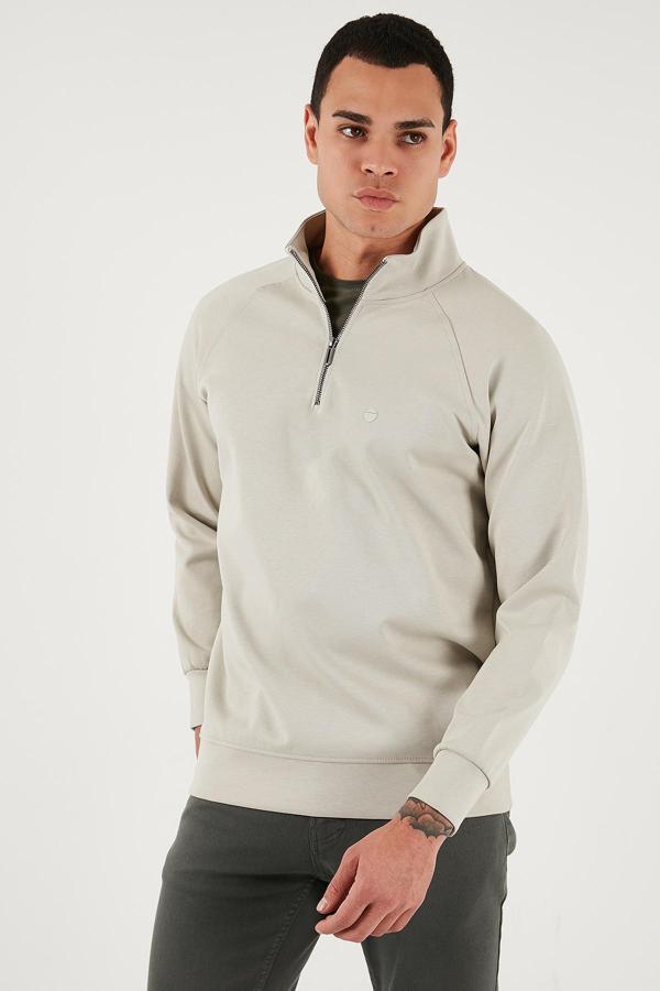 Buratti Pamuklu Relaxed Fit Yarım Fermuarlı Dik Yaka Erkek Sweat 5901232 TAŞ - Image 1