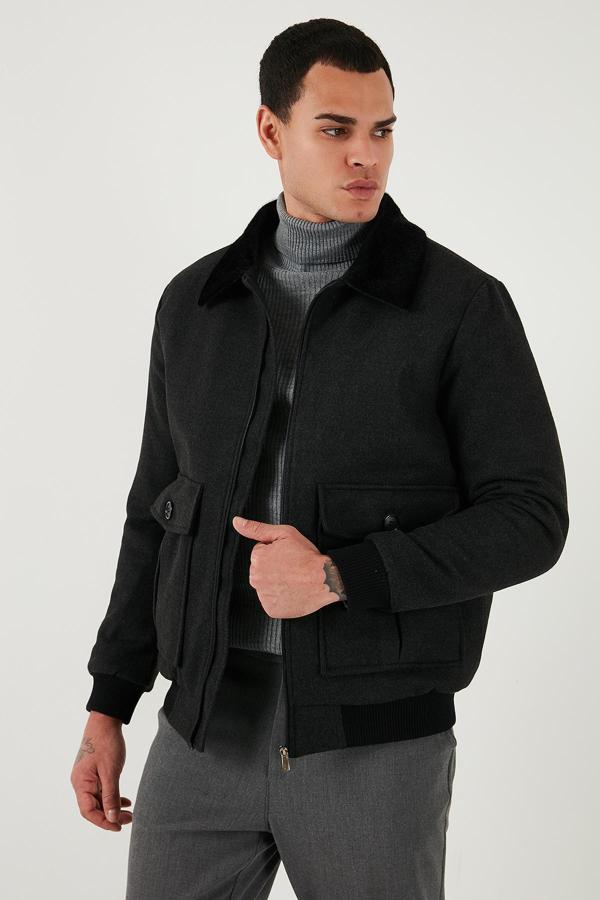 Buratti Slim Fit Tüy Detaylı Yaka Fermuarlı Kaşe Erkek Kaban 5840025 ANTRASİT - Image 1