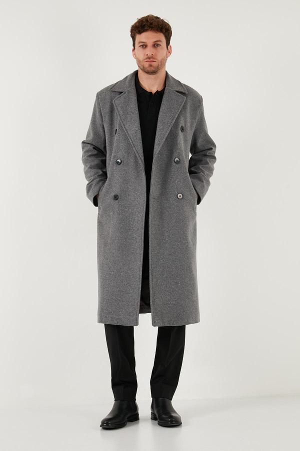 Buratti Loose Fit Kruvaze Yaka Uzun Astarlı Kaşe Erkek Kaban 681003 GRİ - Image 1