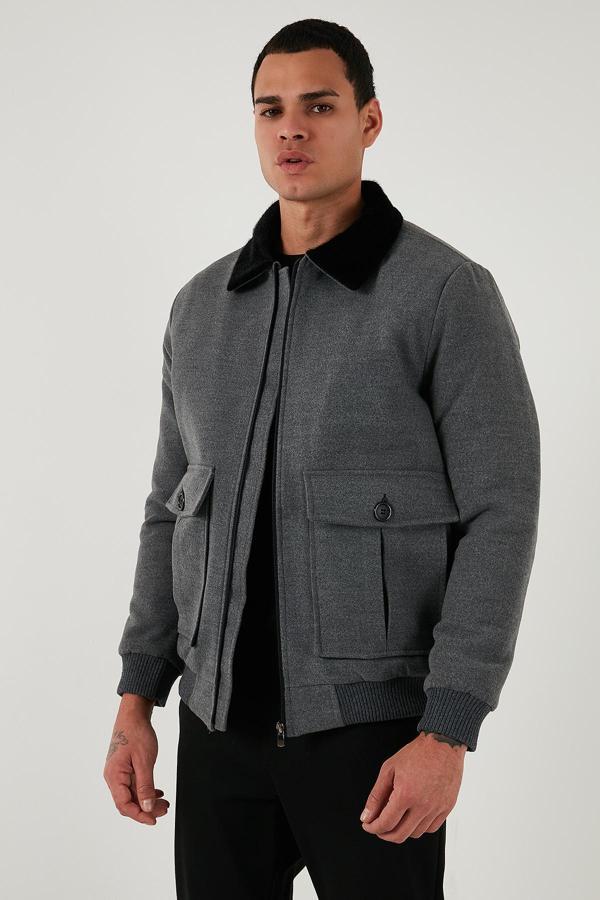Buratti Slim Fit Tüy Detaylı Yaka Fermuarlı Kaşe Erkek Kaban 5840025 AÇIK GRİ - Image 1