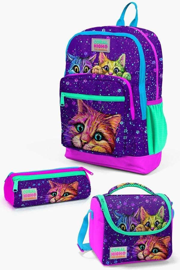Kids 23732 Mor Pembe Kedi Desenli 3’lü Okul Çanta Seti - Image 1