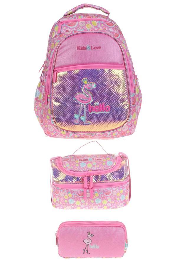 Kids&love 3 Lü Set Aynalı-simli Flamingo Sırt Çantası Ve Beslenme Çantası Ve Kalem Çantası - Image 1