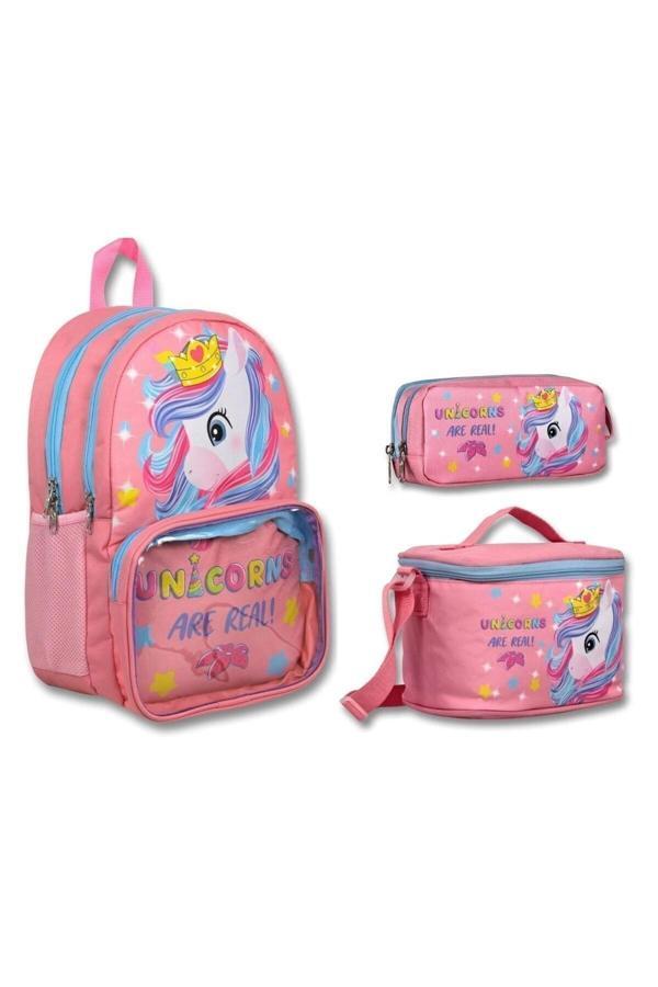 Cennec Şeffaf Bölmeli Pembe Unicorn İlkokul Sırt Çantası Seti - Kız Çocuk - Image 1
