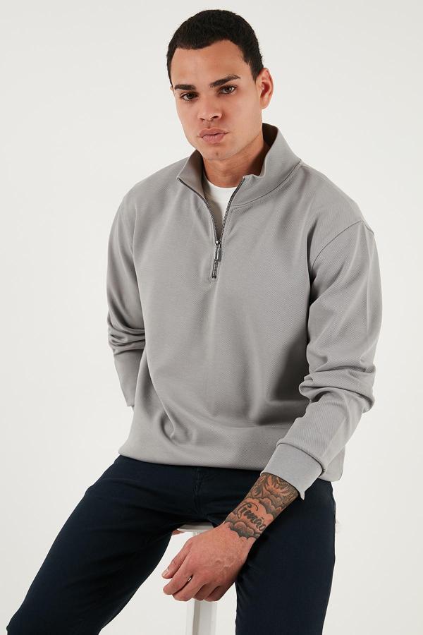 Buratti Pamuklu Regular Fit Yarım Fermuarlı Dik Yaka Erkek Sweat 5905470 GRİ - Image 1