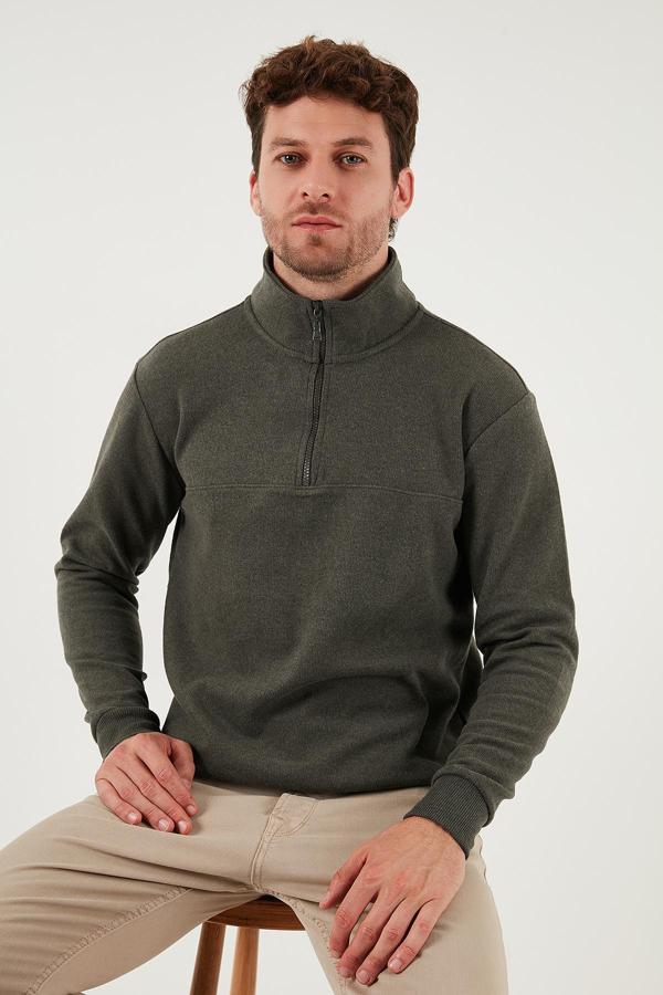 Buratti Pamuklu Regular Fit Yarım Fermuarlı Dik Yaka Erkek Kazak 456112 HAKİ - Image 1