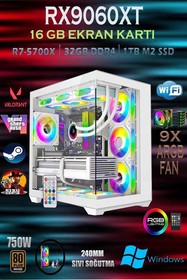 TCW90 Ryzen 7 5700X 32GB 1TB M.2 SSD RX9060XT 16GB Sıvı Soğutmalı Beyaz Masaüstü Oyuncu Bilgisayarı - Image 1