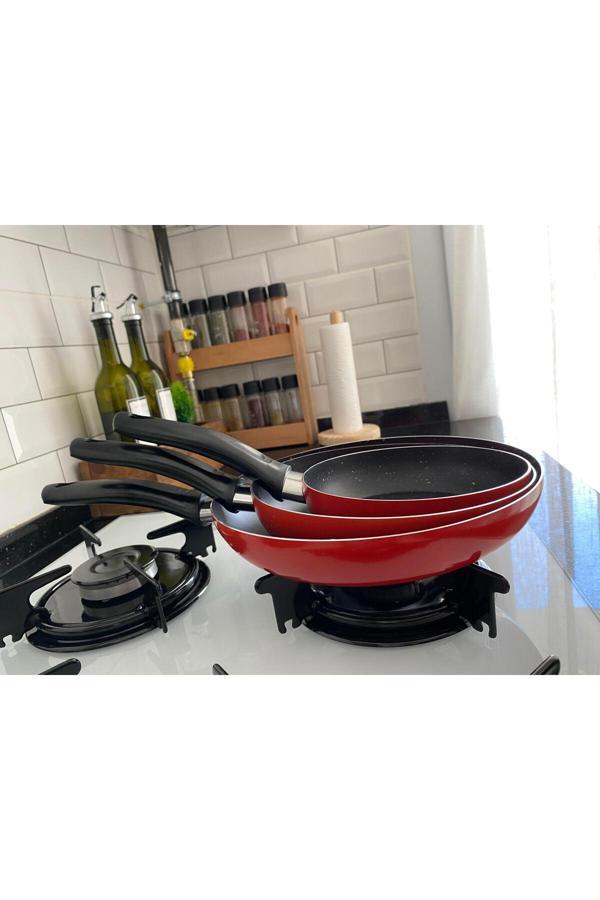 Elisa Teflon Tava Seti 16+20+24 Cm Kırmızı Renk Teflon Tava Seti Yanmaz Yapışmaz 3'Lü Tava Seti Kahvaltı - Image 1