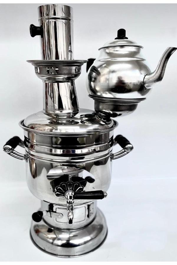 Sobapark 4,5 Litre Krom Çelik Kömürlü Semaver Çay Semaveri Odunlu Semaver Demlik Hediyeli ( 1 Litre ) - Image 1