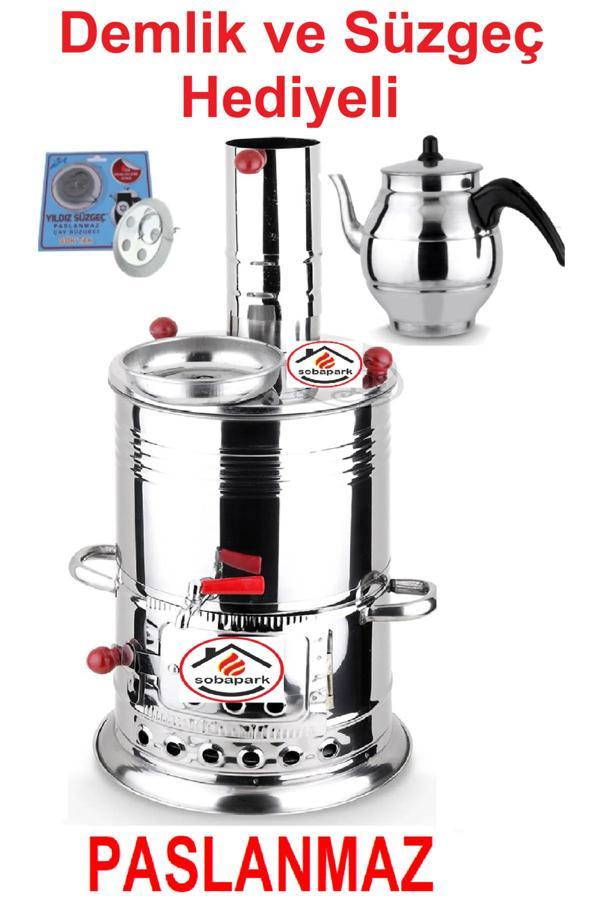 Sobapark Tek Musluklu Odunlu Kömürlü Çay Semaveri Odunlu Kömürlü Semaver - 5 Litre - Demlik 1 Litre - Image 1