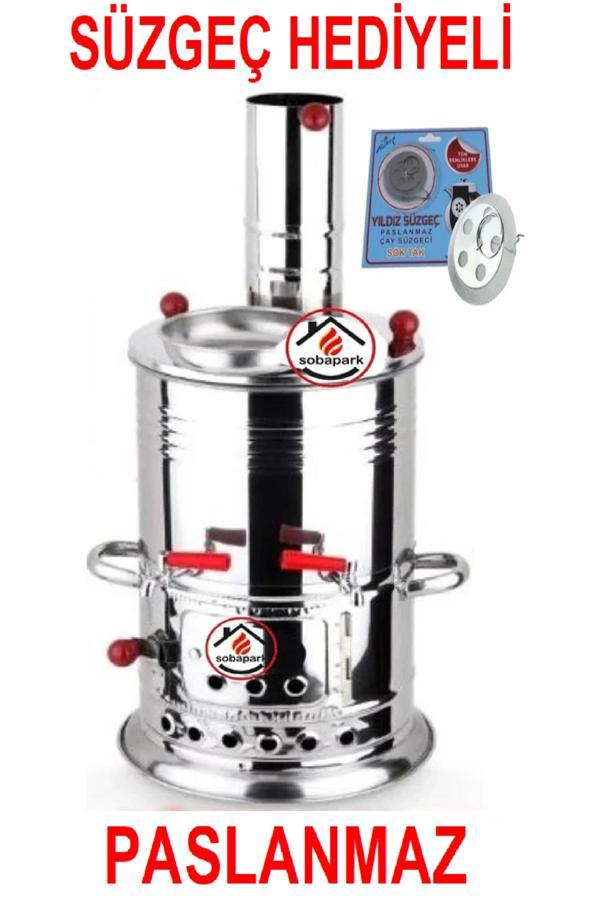 Sobapark Çift Musluklu Odunlu Kömürlü Çay Semaveri Odunlu Kömürlü Paslanmaz Semaver 5 Litre - Image 1
