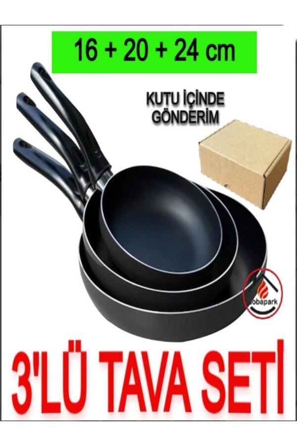 Sobapark Yanmaz Yapışmaz Teflon Tava Seti 16 20 24 Cm Siyah Renk Teflon Tava Seti Günlük Kullanım Tavası - Image 1