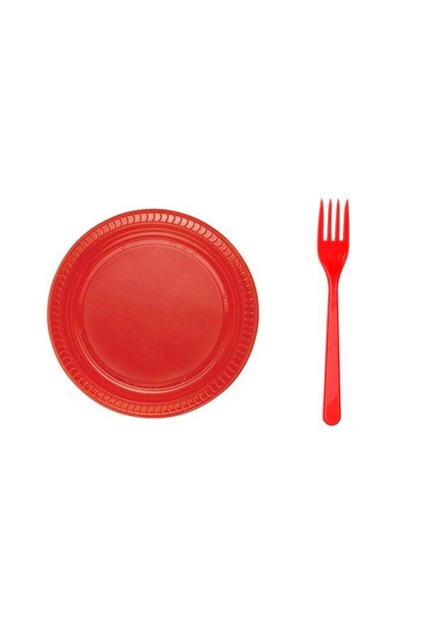 Ambalaj Evi Kırmızı Plastik Tabak Plastik Çatal Seti Parti Seti 50 Parça Sofra Seti Parti Seti - Image 1